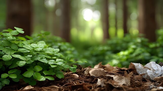 Lush green foliage thriving amidst dry leaf litter on a damp forest floor symbolizing natural growth and ecological balance