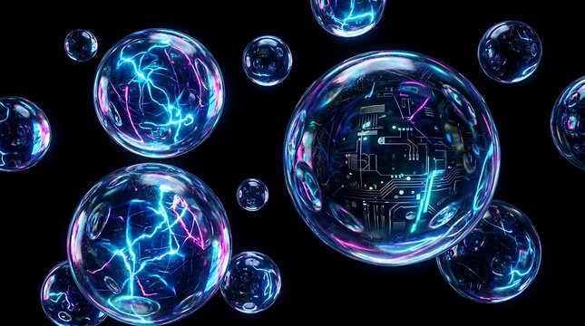 Multiple glowing orbs with electrical currents abstract concept electricity abstract background