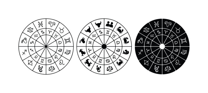 Zodiac signs wheel vector set, astrology horoscope icons, black and white celestial circle charts