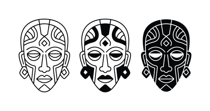 Tribal Masks Vector Set, African Culture Icons, Ethnic Face Art, Traditional Symbolism, Black and White Design