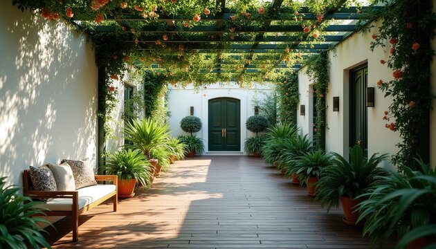Wooden walkway leads to grand double doors past potted plants and flowering vines. A tranquil garden path with rich greenery and a shaded bench provides a serene entrance to a home or villa.