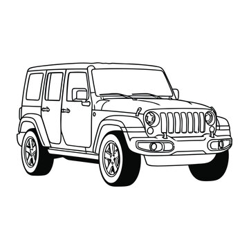 Modern four door offroad SUV line art vector illustration isolated on white background for automotive sales and transport concept