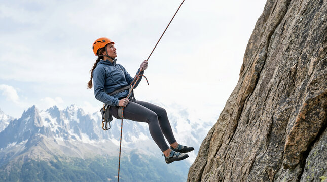 Female rock climber rappelling down a cliff face. Woman hanging on a rope with snow capped mountains in the background. Extreme outdoor adventure sport