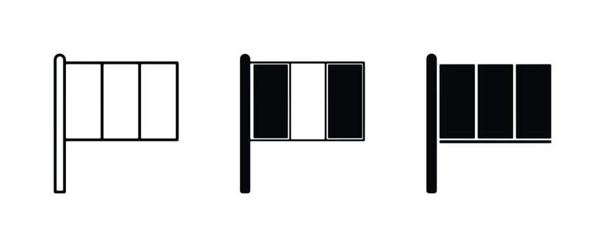 Minimalist flag icon set, black and white tricolor flag symbols, simple vector banner graphics