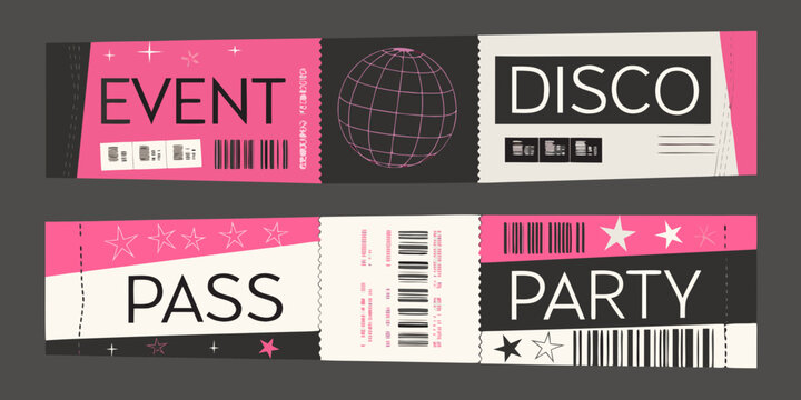 Event ticket templates in a minimalist style with disco and party themes