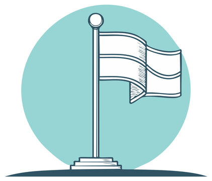 Hand drawn flagpole with waving empty flag on teal background vector illustration