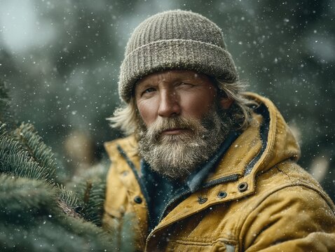 Bearded man in mustard parka sawing wood outdoors