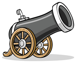 Naklejka premium Vintage cartoon cannon on wooden wheels ready to fire historical warfare projectile