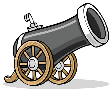 Vintage cartoon cannon on wooden wheels ready to fire historical warfare projectile