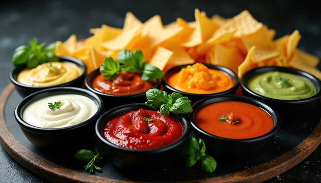 Assortment of dips and chips on dark surface. Various colorful sauces like salsa, queso, guacamole. Fresh basil garnish. Perfect appetizer for parties or casual dining.