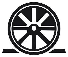Fototapeta premium Simple black and white graphic icon of a spoked antique wagon wheel on a track