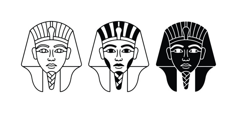 Ancient Egyptian Pharaoh icons, black and white king head vector set, 3 royalty mask symbols