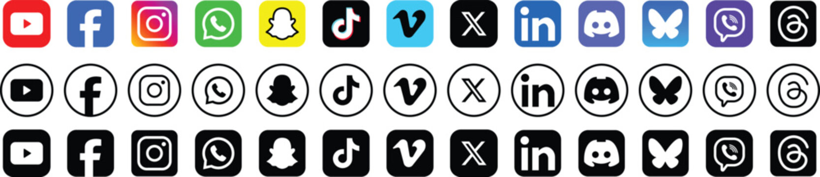 Latest 2026 Social media icons vector set. Social network logos collection. Instagram, Facebook, YouTube, X , Snapchat, WhatsApp, LinkedIn, Vimeo, TikTok, Viber, Threads, BlueSky, Discord.
