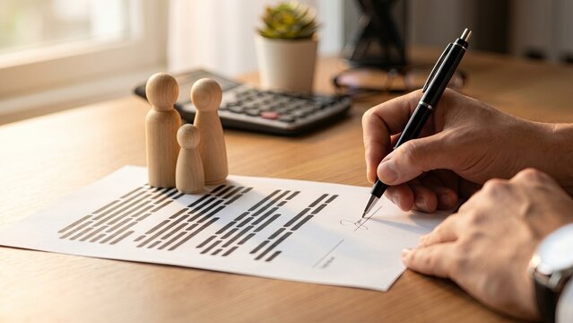 A hand lifting one wooden peg figure from a row of identical figures on a contract document, symbolizing HR recruitment and team selection.