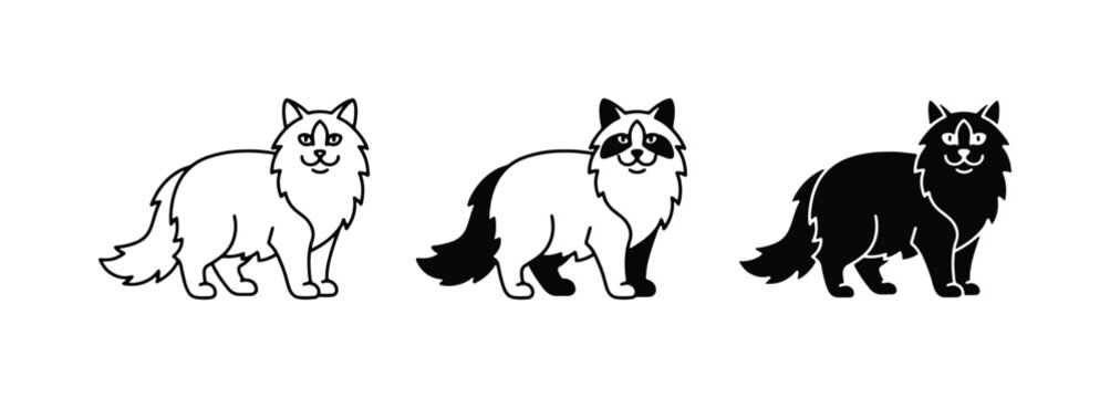 Fluffy longhair cat vector icons, standing persian cat set, black and white feline line art
