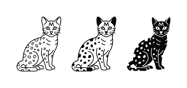 Minimalist spotted cat vector set, black and white feline icons, 3 wild cat character illustrations