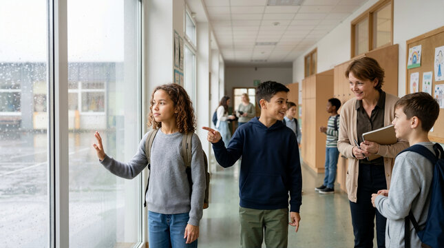 Diverse school children and teacher looking out a rainy window. Smiling middle school students observing weather in a bright hallway. Education and curiosity concept