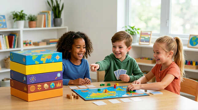 Diverse children playing an educational board game at a table. Happy kids laughing and learning with a stack of colorful game boxes. Interactive early childhood education concept