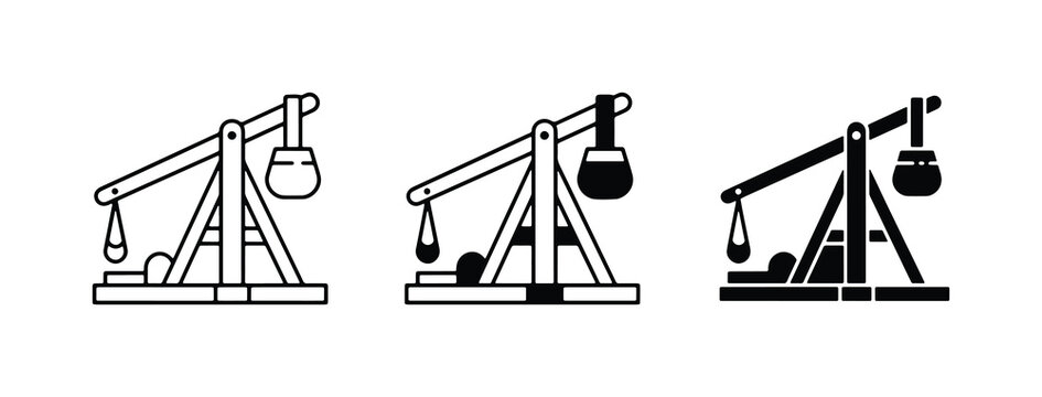 Medieval trebuchet catapult icons, ancient siege engine vector set, black and white weapon symbols