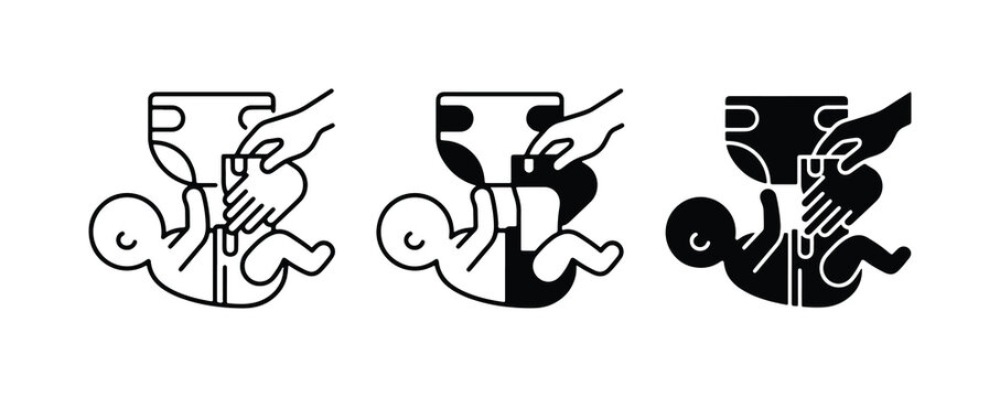 Baby diaper change icon set, infant hygiene vector symbols, newborn nursery care sign collection
