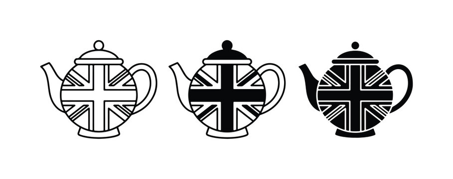 Union Jack Teapots, British Flag Drinkware, UK Culture Icons, Set of 3 Vector Graphics