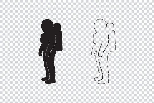 Astronaut silhouette and outline simple vector icons representing space exploration and science isolated on transparent background