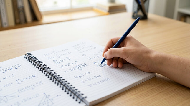 Close up of a hand writing complex math equations in a spiral notebook. Student solving algebra and calculus problems with a blue pen on a wooden desk. Mathematics education concept