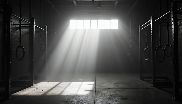 Gym interior with parallel bars gymnastic rings and weight racks. Sunbeams pierce smoke filled air through large window. Dark atmosphere with strong light contrast.