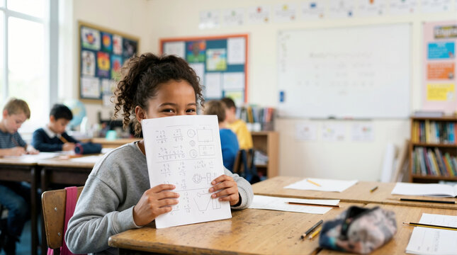 Playful young schoolgirl hiding her face behind a math worksheet. Smiling female student holding up her assignment in a busy elementary school classroom