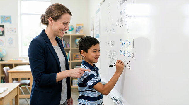 Teacher helping a smiling young boy solve a math problem on a whiteboard. Elementary student writing an algebra equation in class
