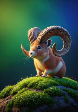 Curious image of a unique fantasy creature, a small, furry woodland rodent possessing massive, curled horns like a powerful mountain ram, sitting on moss, bizarre, conceptual, moss