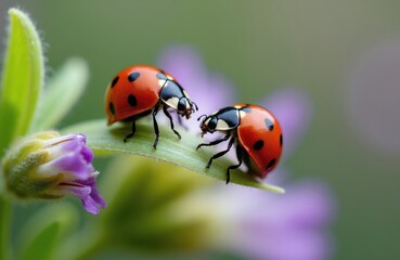 Fototapeta premium Two red ladybugs on leaf look at each other. Small insects climb on plant near purple flower. Macro photo shows nature details and connection.