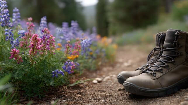 Hiking boots rest on a natural dirt trail bordered by vibrant multi colored spring flowers in a lush forest setting