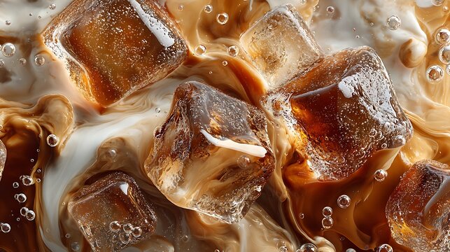 Creamy iced coffee with sparkling ice cubes and caramel brown swirls for refreshing summer beverage advertising