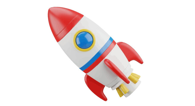Toy rocket ship with red fins and blue window