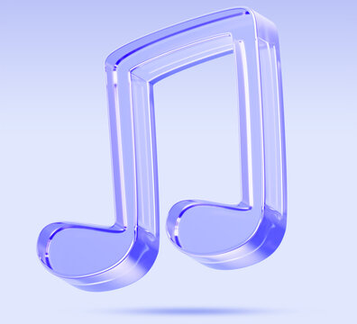 3D hologram glass music note song icon render. Staff notation, notehead with beam, bar line connects stems. Musical rhythm, sound and melody, crystal symbol with blue purple gradient. 3D illustration