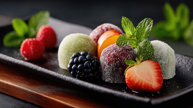 Colorful mochi dessert balls with fresh fruits and mint on a dark slate plate, offering a delightful combination of sweet, chewy textures and vibrant natural flavors