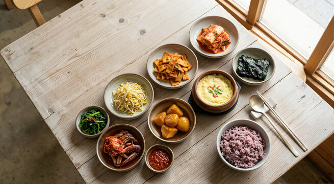 Top view of traditional Korean banchan side dishes and purple rice on a wooden table. Flat lay of authentic Asian meal with kimchi and steamed egg. Assorted healthy dining spread