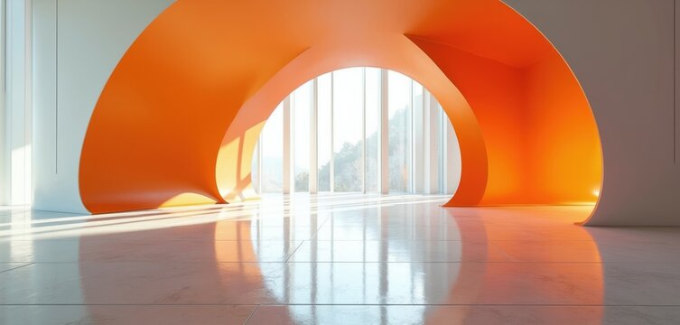 Abstract interior with curved orange walls and large windows. Sunlight streams into a modern, glossy space. Reflective floor catches light creating bright geometric patterns.