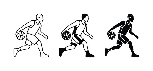 Basketball Player Dribbling Vector Icons, Dynamic Sports Action, Athlete Silhouette © Mahabubur