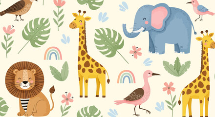 Obraz premium Jungle animals and plants on cream background