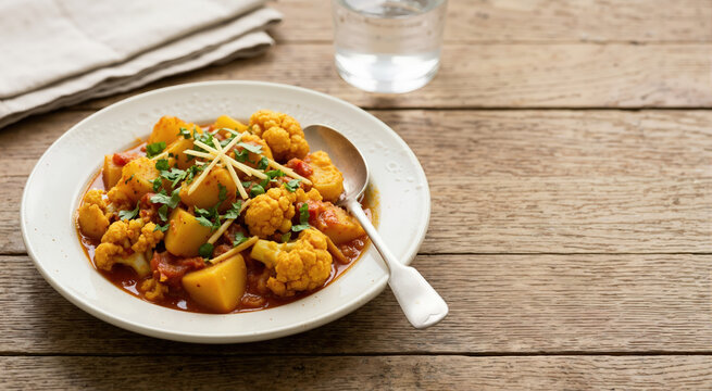 Close up of traditional Indian aloo gobi curry in a white bowl. Vegetarian cauliflower and potato dish on a rustic wooden table. Copy space for text