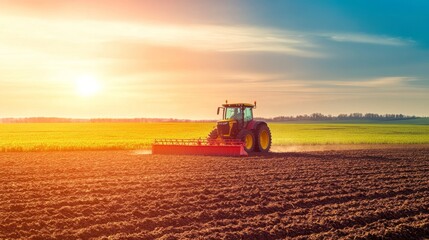 Fototapeta premium Tractor cultivates a spring field during sunset in a rural location with clear skies and fresh soil