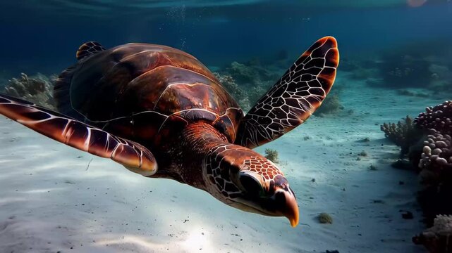 A sea turtle swims through clear water above a rocky seabed in a tropical location during daylight hours