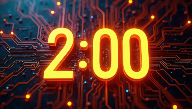 Digital clock shows 2 00 time. Bright neon orange numbers glow over intricate electronic circuit board. Futuristic technology background with glowing lines and nodes. Modern tech design.