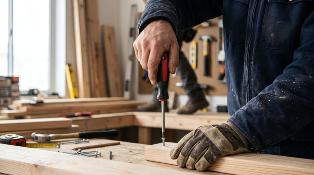 Professional carpenter hands using manual screwdriver to fix screw in wooden plank