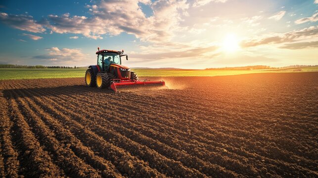 Tractor cultivates field during spring as the sun rises in the sky