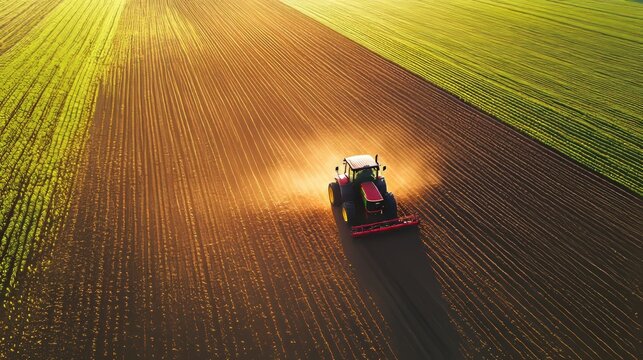 Tractor cultivates a field in springtime during sunset while preparing soil for planting crops