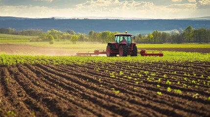 Fototapeta premium Tractor works on field preparing soil for planting in spring sunlight with green crops and distant hills