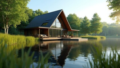 Obraz premium Modern A-frame house on lake with deck and large windows. Surrounded by green trees and grass, calm water reflects the building and nature landscape.